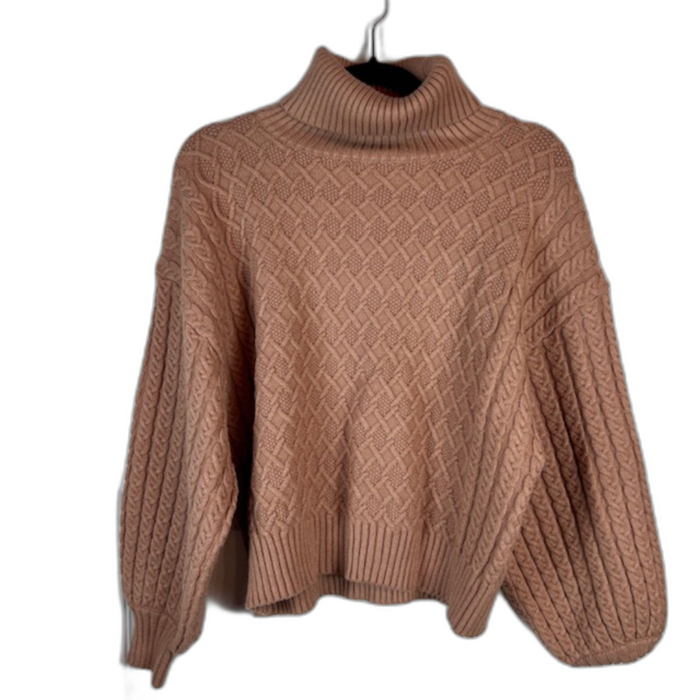 Tahari Chunky Cable Knit Turtleneck Sweater Medium Camel Neutral Cozy